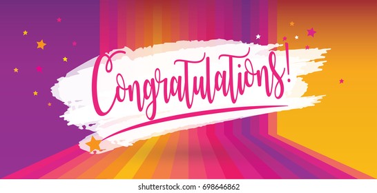 Congratulations card. Calligraphy lettering. Vector celebration, congratulation banner, multicolored abstract sunset color dynamic background. Patriotic card, winner, thank you, happy birthday poster