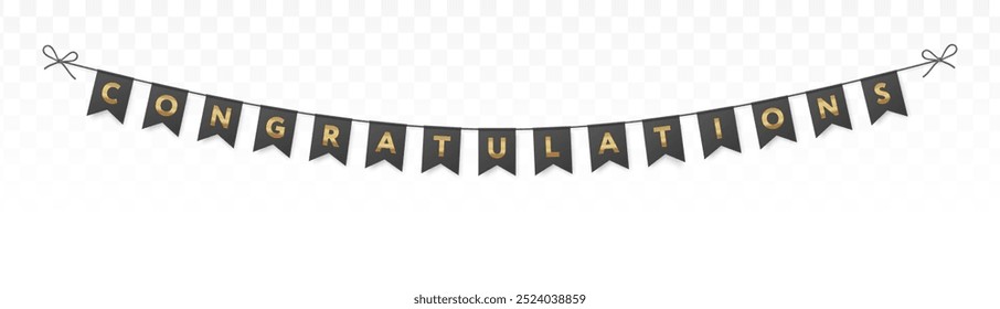 Concepto de tarjeta de felicitaciones, diseño de tipografía. Serpentinas doradas, guirnalda de bandera de papel colgante. Anuncio de fiesta realista, oro, color negro. Maqueta de celebración bunting. Fondo transparente. Vector