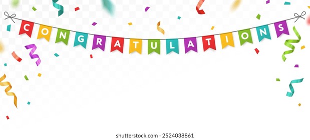 Congratulations card concept, typography design. Streamers, hanging paper flag garland. Realistic party banner, colorful confetti. Fun event celebration bunting mockup. Transparent background. Vector