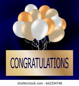 Congratulations card with cute colorful balloons. Festive  blue background with gold balloons. Party balloons for event design. Party decorations for birthday, anniversary, celebration. 