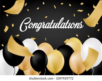 Congratulations . Card design with lack, white and gold balloons and gold foil confetti . white background . vector illustration