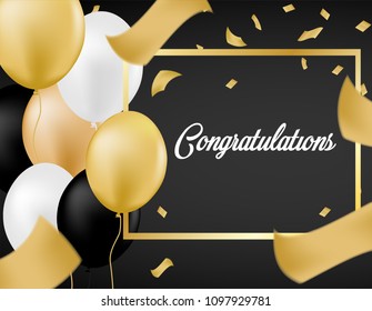Congratulations . Card design with lack, white and gold balloons and gold foil confetti . white background . vector illustration