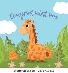 Congratulations card featuring a cute giraffe surrounded by tropical leaves, pineapples, and flowers on a bright blue background. Perfect for kids celebrations, invitations, and festive decorations, 