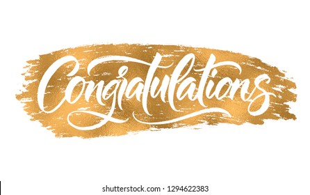 Congratulations card. Hand lettering. Modern brush calligraphy on  gold foil texture. Handwritten phrase. 