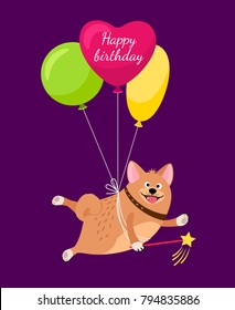 Congratulations card with smiling dog. Funny puppy flies on air balloons for happy birthday, valentine or mothers day
