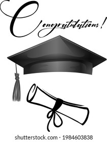 congratulations card template with graduation cap. Congrats lettering with graduation cap isolated on white. Congratulations on the graduates' typography poster.Vector template EPS 10  