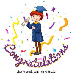 Congratulations card template with man in graduation gown illustration