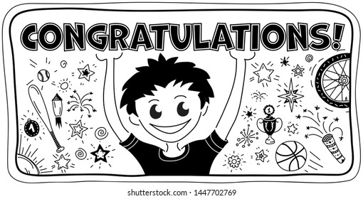 Congratulations card. Text note and funny boy.