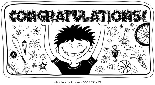 Congratulations card. Text note and funny boy.
