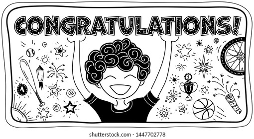 Congratulations card. Text note and funny boy.