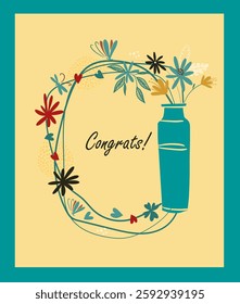 Congratulations. Card with a vase. hand drawing. Not AI, Vector illustration.