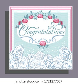 Congratulations card with white roses on bottom and oval frame with red roses.