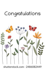 Congratulations. Cheerful card with colorful flowers and butterflies.