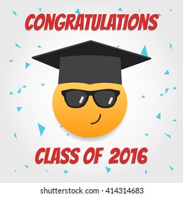Congratulations Class Of 2016 concept illustration.Emoticon wearing graduation cap. Emoji isolated.