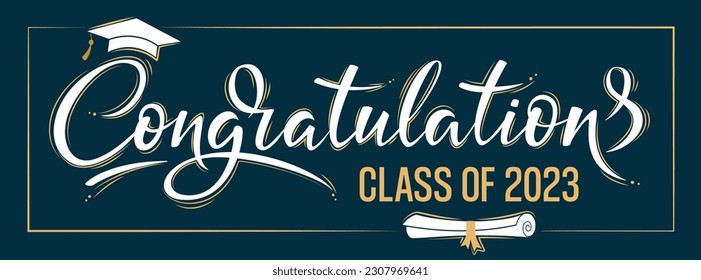 Congratulations Class of 2023 greeting sign on dark background. Academic cap and diploma. Congratulating banner. Handwritten brush lettering. Isolated vector text for graduation design, greeting card