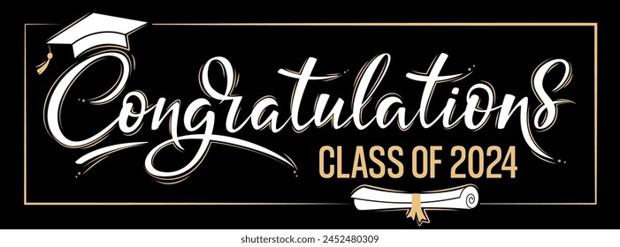 Congratulations Class of 2024 greeting sign on dark background. Academic cap and diploma. Congratulating banner. Handwritten brush lettering. Isolated vector text for graduation design, greeting card