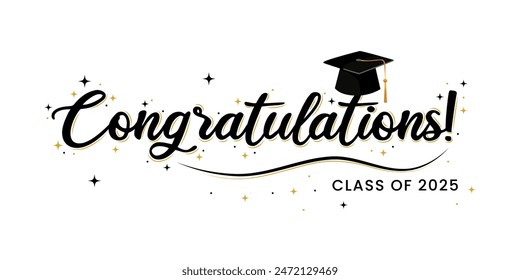 Congratulations Class of 2025 greeting sign. Congrats Graduated. Congrats banner. Handwritten brush lettering. Isolated vector text for graduation design, greeting card, poster, invitation