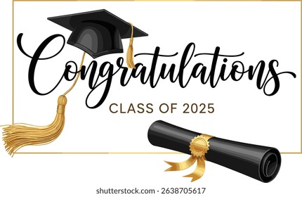 Congratulations Class of 2025 greeting sign. Congrats Graduated. Congratulating banner. Handwritten brush lettering. Isolated vector text for graduation design, poster, invitation, greeting