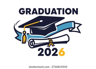 Gratulation Klasse von 2026 Graduierungsgrafik mit schwarzer Mörtelplatte, Diplom-Schriftrolle und Goldkonfetti einzeln auf weißem Hintergrund