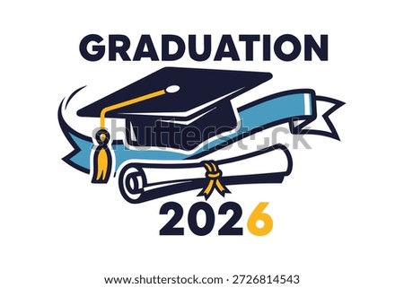 Congratulations Class of 2026 graduation graphic with black mortarboard, diploma scroll, and gold confetti isolated on white background