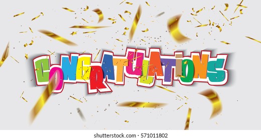Congratulations colorful banner with golden defocused confetti around.Vector illustration.