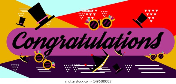 congratulations colorful banner with square frame, photo booth props and masks on colorful background. Vector illustration.congratulations colorful banner with square frame, photo booth props and mask
