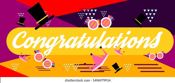 congratulations colorful banner with square frame, photo booth props and masks on colorful background. Vector illustration.