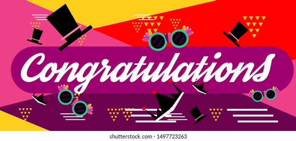 congratulations colorful banner with square frame, photo booth props and masks on colorful background. Vector illustration.