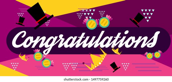 congratulations colorful banner with square frame, photo booth props and masks on colorful background. Vector illustration.