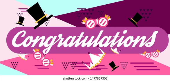 congratulations colorful banner with square frame, photo booth props and masks on colorful background. Vector illustration.