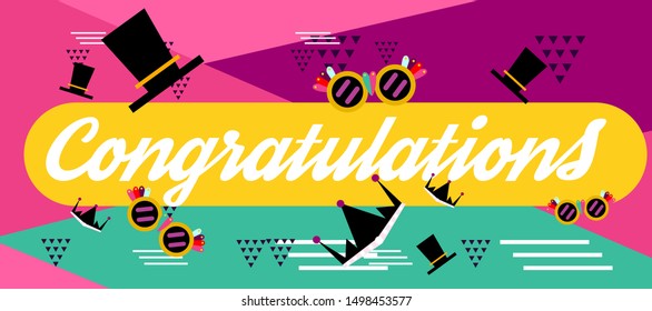 congratulations colorful banner with square frame, photo booth props and masks on colorful background. Vector illustration.