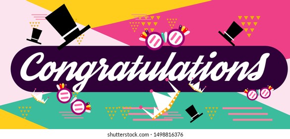 congratulations colorful banner with square frame, photo booth props and masks on colorful background. Vector illustration.