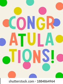 "FELICITACIONES" diseño tipográfico colorido con fondo de punto para tarjeta de felicitación, postal, afiche o banner.