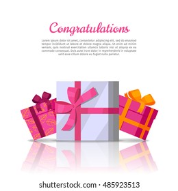 Congratulations conceptual web banner in flat style. Colorful gift boxes with ribbons on white background. Illustration for decoration, event management companies landing page design, sales ad