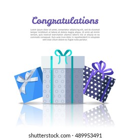 Congratulations conceptual web banner in flat style. Colorful gift boxes with ribbons on white background. Illustration for decoration, event management companies landing page design, sales ad