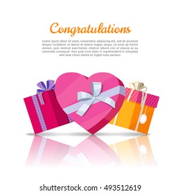 Congratulations conceptual web banner in flat style. Colorful gift boxes with ribbons on white background. Illustration for decoration, event management companies landing page design, sales ad