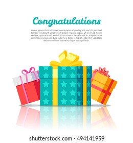 Congratulations conceptual web banner in flat style. Colorful gift boxes with ribbons on white background. Illustration for decoration, event management companies landing page design, sales ad