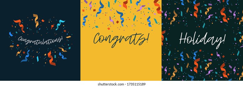 Congratulations confetti flat banner set. Congrats and holiday cards with colorful background isolated vector illustration collection. Anniversary and celebration concept