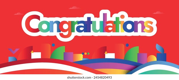 Congratulations. Congratulations cover banner, social media post, card design with colourful abstract art elements, text on red colour background. Good wishes, best wishes, greetings cover banner.