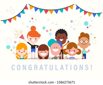 Congratulations! Cute celebration banner with group of diversity kids. flat design style vector cartoon illustration