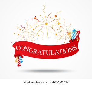 Congratulations design with fireworks and ribbon