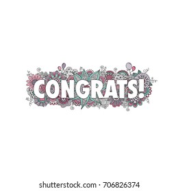 Congratulations doodle vector illustration with the word congrats! surrounded by swirls, flowers, mandalas, balloons and curls on a white background