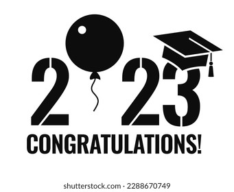 Congratulations education sign, 2023 graduation symbol on white background, vector celebration flat illustration.