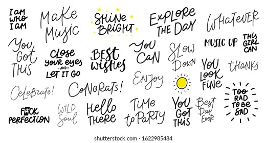 Congratulations Enjoy sun Explore Whatever Slow Music Hello quote lettering bundle set. Calligraphy inspiration graphic design typography element. Hand written postcard. Cute simple black vector sign.