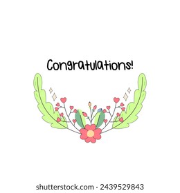 Congratulations frame, with flowers, plants and maple moth, butterfly insects. on white background