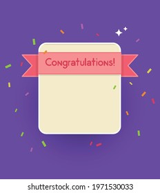 Congratulations Game Screen. Casual Games Level Up Achievement Screen Template. Completed Level With Pink Ribbon And Panel For  Interface