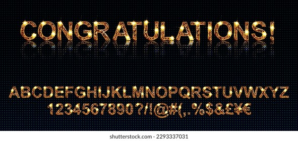 Congratulations. Gold alphabetic fonts and numbers. Vector illustration