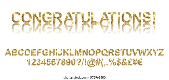 Congratulations. Gold alphabetic fonts and numbers on a white background. Vector illustration