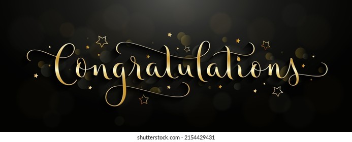 CONGRATULATIONS gold vector brush calligraphy greeting card with bokeh lights and stars on black background