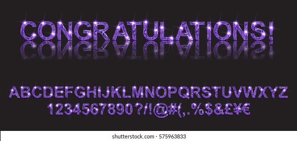 Congratulations. Gold violet alphabetic fonts and numbers on a black background. Vector illustration